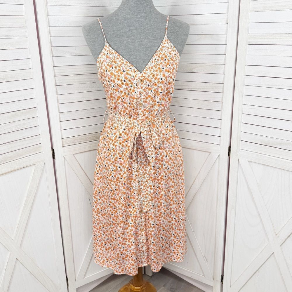 A Loves A Ditsy Floral Button Front Spaghetti Strap Sundress Orange Pink Small